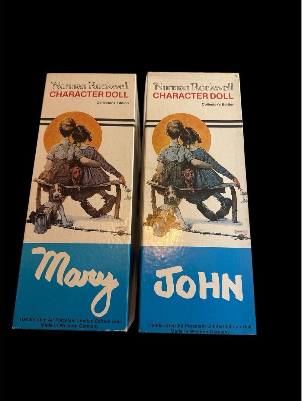 Norman Rockwell John & Mary Porcelain Character Doll Pair Box Bench Germany 1983